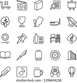 Thin Line Icon Set - office building vector, book, document search, desk, presentation board, stamp, tree, thermometer, fragile, no trolley, radio, phone, low battery, mute, brightness, music, pen