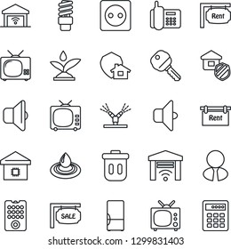 Thin Line Icon Set - office phone vector, tv, sale, rent, estate agent, key, fridge, smart home, insurance, socket, remote control, irrigation, water, energy saving bulb, sound, garage gate, protect