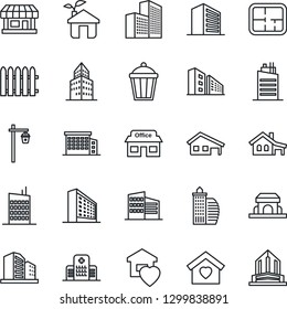 Thin Line Icon Set - office building vector, fence, garden light, hospital, store, house with garage, plan, sweet home, city, cafe, eco