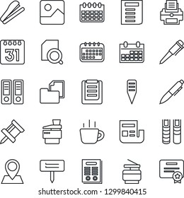 Thin Line Icon Set - office binder vector, pen, document, coffee, calendar, plant label, pin, clipboard, folder, gallery, drawing, news, search, printer, copier, contract, book, stapler, certificate