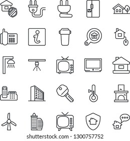 Thin Line Icon Set - office building vector, fireplace, phone, tv, house, with tree, estate search, key, fridge, insurance, home control, power plug, water filter, thermometer, outdoor lamp, protect