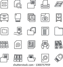 Thin Line Icon Set - office binder vector, document search, receipt, folder, photo gallery, paper, tray, archive box, usb flash