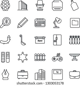 Thin Line Icon Set - office building vector, caterpillar, scales, traffic light, gamepad, hdmi, folder, case, ink pen, desk lamp, pencil, book, fence, rent, table, fridge, ladle, cutting board