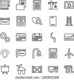 Thin Line Icon Set - office binder vector, notebook pc, presentation board, ladder, sickle, heart diagnostic, term, container, phone back, document folder, calculator, rooms, bathroom, crane, gear