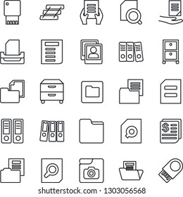 Thin Line Icon Set - office binder vector, document search, receipt, folder, photo gallery, paper, tray, archive box, usb flash