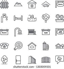 Thin Line Icon Set - office building vector, house, with tree, pool, water supply, fruit, mountains, garage, fence, rooms, sold signboard, low price, client search, bedroom, bathroom, heater, fridge