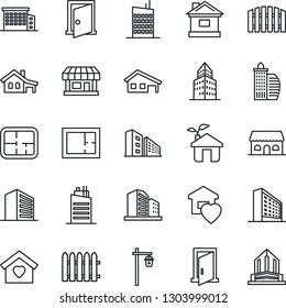 Thin Line Icon Set - Office Building Vector, Fence, House, Garden Light, Store, With Garage, Plan, Sweet Home, City, Cafe, Eco, Door