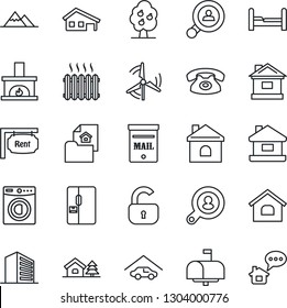 Thin Line Icon Set - office building vector, house, with garage, tree, mailbox, windmill, fruit, mountains, estate document, rent, client search, lock, bedroom, washer, fireplace, heater, fridge