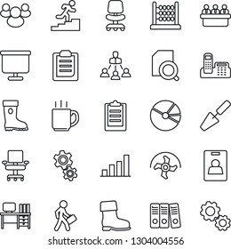 Thin Line Icon Set - office chair vector, desk, meeting, trowel, ripper, boot, group, clipboard, coffee, presentation board, bar graph, pie, document search, identity card, abacus, phone, hierarchy