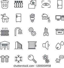 Thin Line Icon Set - office building vector, phone, estate document, sale, key, bathroom, heater, fridge, home control, eco house, snowflake, pc, gear, water, filter, radiator, energy saving bulb