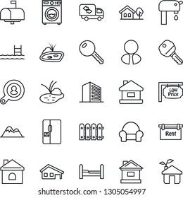 Thin Line Icon Set - office building vector, house, pond, with garage, tree, pool, water supply, mountains, fence, rent, low price signboard, client search, estate agent, key, bedroom, washer, eco