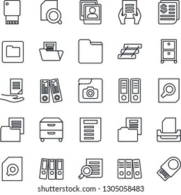 Thin Line Icon Set - office binder vector, document search, receipt, folder, photo gallery, paper, tray, archive box, usb flash
