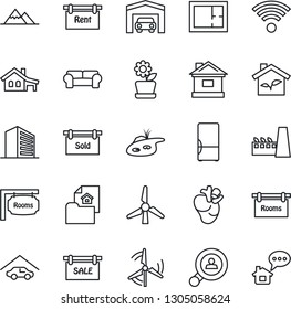 Thin Line Icon Set - office building vector, house, real heart, with garage, pond, windmill, mountains, plan, estate document, sale, rent, rooms, sold signboard, client search, cushioned furniture