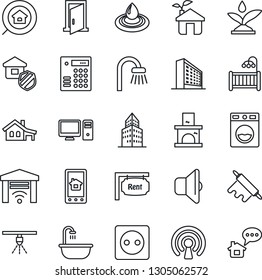 Thin Line Icon Set - office building vector, fireplace, house with garage, rent, estate search, children room, bathroom, insurance, rolling pin, eco, socket, irrigation, wireless, pc, water, washer