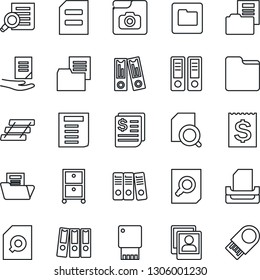 Thin Line Icon Set - office binder vector, document search, receipt, folder, photo gallery, paper, tray, archive box, usb flash