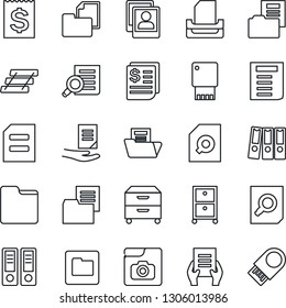 Thin Line Icon Set - office binder vector, document search, receipt, folder, photo gallery, paper, tray, archive box, usb flash