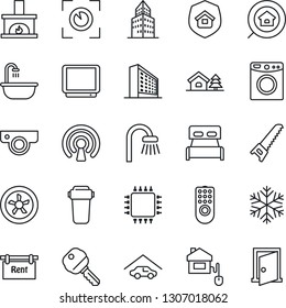 Thin Line Icon Set - office building vector, saw, tv, house with tree, garage, rent, estate search, key, bedroom, bathroom, fireplace, insurance, home control, chip, fan, remote, wireless, snowflake