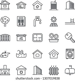 Thin Line Icon Set - office building vector, house, contract, pond, pool, sun panel, water supply, fruit tree, warehouse, fence, plan, low price signboard, key, washer, sweet home, fireplace, heater
