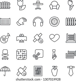 Thin Line Icon Set - office chair vector, abacus, stamp, fence, glove, real heart, satellite, cargo container, umbrella, tulip, headphones, cut, music, tie, cushioned furniture, restaurant table