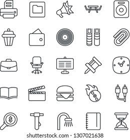 Thin Line Icon Set - office chair vector, book, case, notepad, tie, printer, picnic table, clapboard, vinyl, flame disk, speaker, rca, clock, folder, presentation board, drawing pin, paper clip