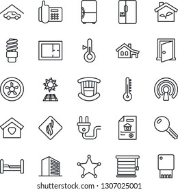 Thin Line Icon Set - office building vector, phone, house with garage, plan, estate document, key, bedroom, children room, sweet home, fridge, eco, power plug, fan, wireless, smoke detector, police