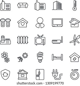Thin Line Icon Set - office building vector, house, phone, tv, radio, estate agent, bedroom, cushioned furniture, sweet home, fridge, smart, eco, power plug, router, gear, water filter, thermometer
