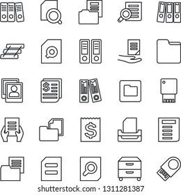 Thin Line Icon Set - office binder vector, document search, receipt, folder, photo gallery, paper, tray, archive box, usb flash