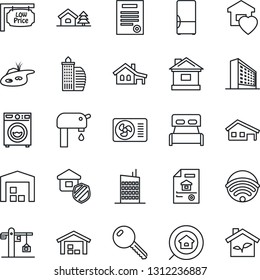 Thin Line Icon Set - office building vector, house, contract, with garage, tree, pond, water supply, warehouse, estate document, low price signboard, search, key, bedroom, washer, sweet home, fridge