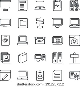 Thin Line Icon Set - office binder vector, notebook pc, document, pulse clipboard, signpost, monitor, laptop, folder, notes, photo gallery, presentation board, blank box, sale, pass card