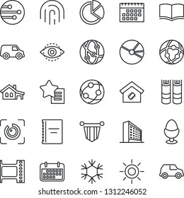 Thin Line Icon Set - office building vector, book, pennant, sun, term, film frame, network, favorites list, eye id, fingerprint, calendar, copybook, pie graph, house with garage, smart home, car