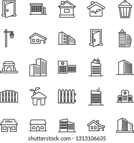 Thin Line Icon Set - office building vector, fence, house, garden light, hospital, store, with garage, city, cafe, eco, door