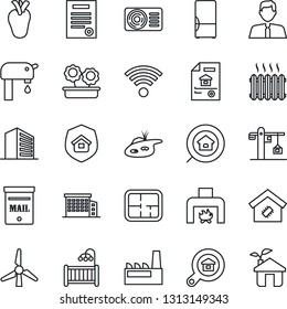Thin Line Icon Set - office building vector, real heart, contract, pond, mailbox, windmill, water supply, plan, estate document, search, agent, children room, fireplace, heater, air conditioner