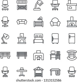 Thin Line Icon Set - office chair vector, desk, bench, fireplace, lamp, bedroom, children room, cushioned furniture, restaurant table, alcove, fridge