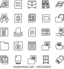 Thin Line Icon Set - office binder vector, document search, receipt, folder, photo gallery, paper, tray, archive box, usb flash