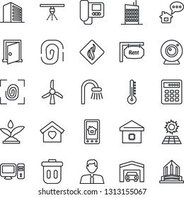 Thin Line Icon Set - office building vector, sun panel, garage, rent, estate agent, bathroom, sweet home, smart, city house, fingerprint, irrigation, web camera, intercome, pc, control app, door