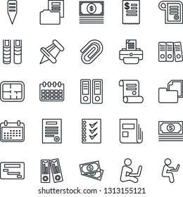Thin Line Icon Set - office binder vector, calendar, printer, contract, plant label, cash, folder document, paper pin, clip, news, checklist, book, plan, restaurant receipt, schedule