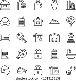 Thin Line Icon Set - office building vector, real heart, contract, house, with garage, sun panel, water supply, fruit tree, mountains, estate search, key, lock, bedroom, bathroom, sweet home, city