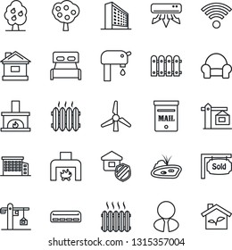 Thin Line Icon Set - office building vector, house, pond, mailbox, windmill, water supply, fruit tree, fence, sold signboard, estate agent, bedroom, cushioned furniture, fireplace, heater, wireless