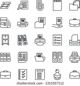 Thin Line Icon Set - office binder vector, document search, notepad, printer, receipt, folder, news, case, paper clip, checklist, tray, archive box, stamp