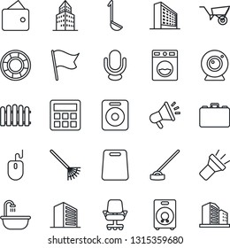Thin Line Icon Set - office building vector, case, mouse, fence, rake, wheelbarrow, hoe, microphone, speaker, calculator, torch, bathroom, ladle, cutting board, web camera, washer, wallet, chair