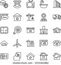 Thin Line Icon Set - office building vector, house, sun panel, windmill, garage, warehouse, plan, estate document, rooms, low price signboard, search, children room, bathroom, moving, fireplace, tv