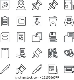 Thin Line Icon Set - office binder vector, document search, pen, notepad, coffee, reload, pin, cash, receipt, folder, news, paper, clipboard, drawing, book, schedule