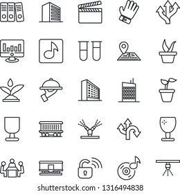 Thin Line Icon Set - office building vector, statistic monitor, seedling, glove, blood test vial, route, navigation, railroad, fragile, clapboard, music, paper binder, meeting, city house, waiter