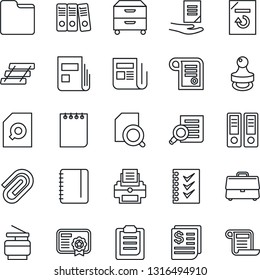 Thin Line Icon Set - office binder vector, document search, notepad, reload, receipt, news, folder, clipboard, case, paper clip, checklist, printer, tray, archive box, copier, stamp, certificate