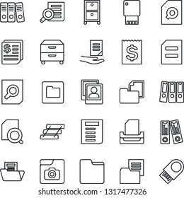 Thin Line Icon Set - office binder vector, document search, receipt, folder, photo gallery, paper, tray, archive box, usb flash