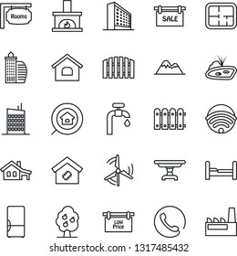 Thin Line Icon Set - office building vector, house, with garage, pond, windmill, water supply, fruit tree, mountains, fence, plan, sale, rooms, low price signboard, estate search, bedroom, table