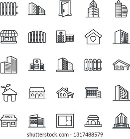 Thin Line Icon Set - office building vector, fence, hospital, store, house with garage, plan, sweet home, cafe, eco, door