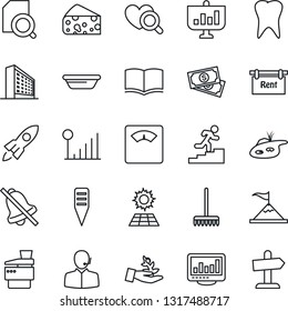 Thin Line Icon Set - office building vector, book, rake, plant label, heart diagnostic, scales, tooth, cash, mute, cellular signal, monitor statistics, document search, support, copier, pond, rent