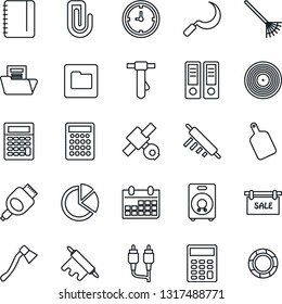 Thin Line Icon Set - office binder vector, notepad, tie, calendar, rake, sickle, axe, satellite, clock, vinyl, speaker, rca, hdmi, folder, paper clip, pie graph, document, calculator, sale