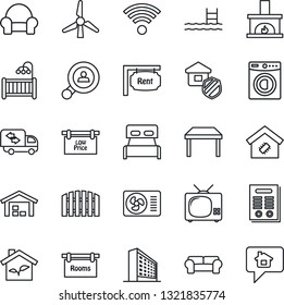 Thin Line Icon Set - office building vector, contract, pool, windmill, warehouse, fence, rent, rooms, low price signboard, client search, bedroom, children room, table, washer, cushioned furniture